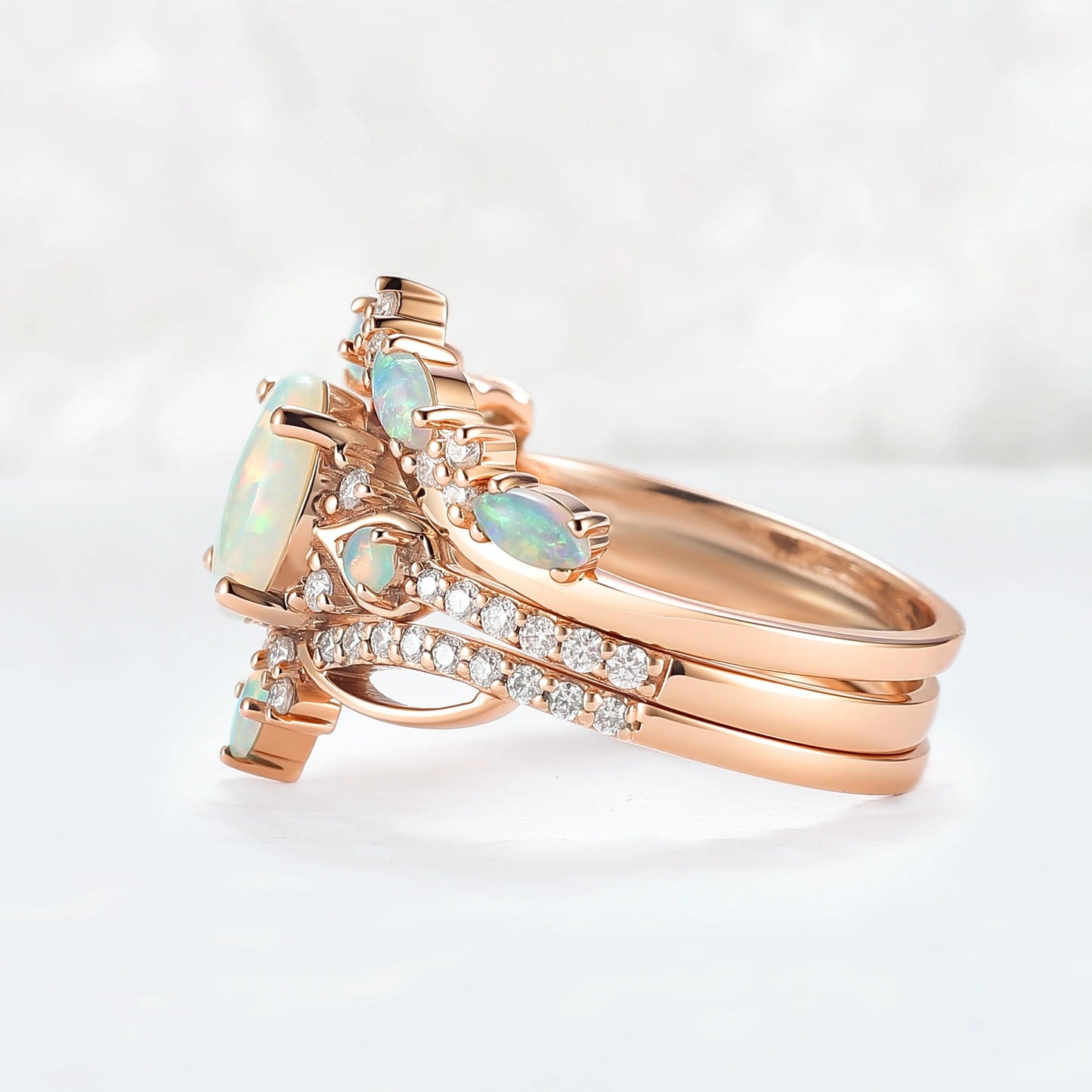 Unique Oval Cut Natural Opal Vine Gemstone Ring Set 3pcs