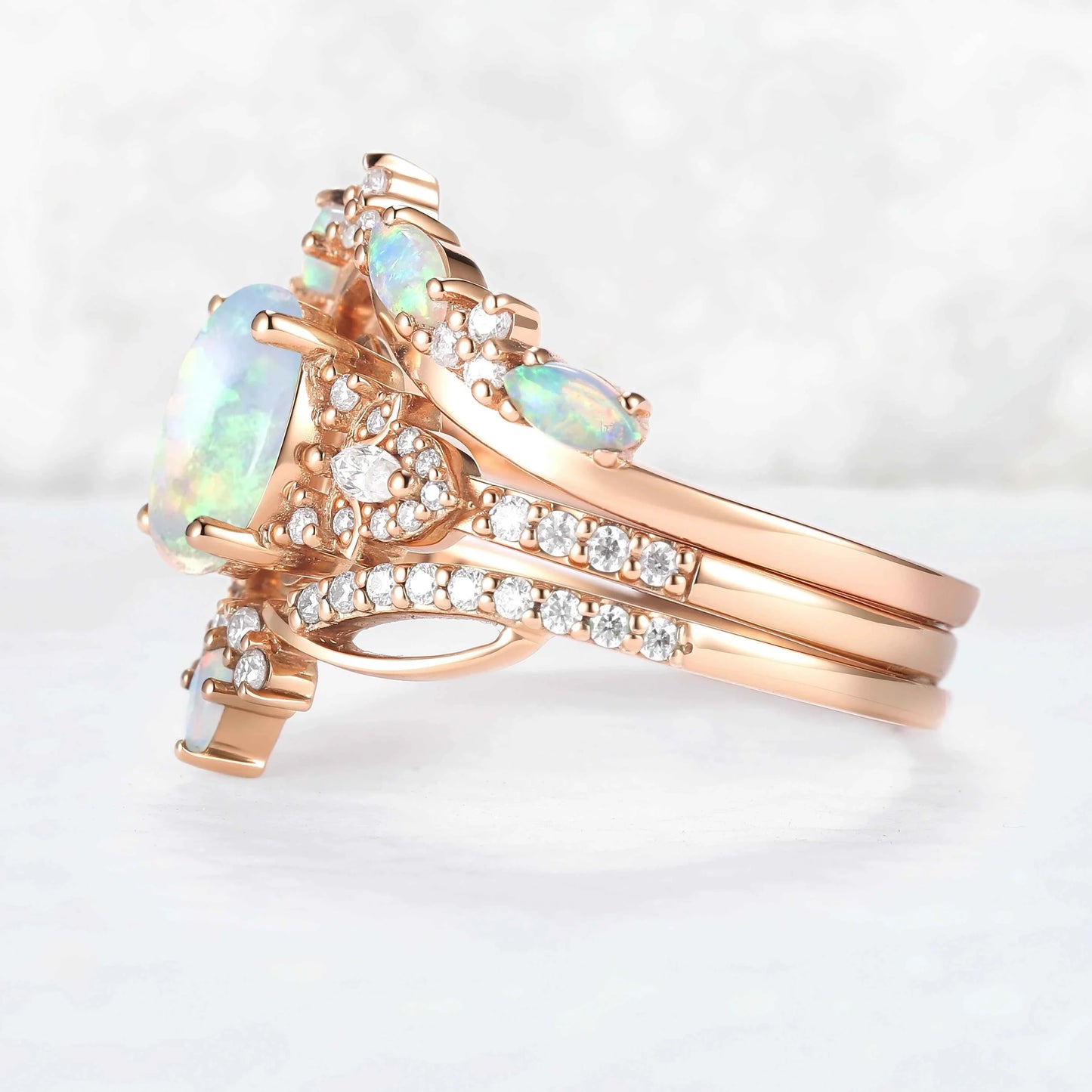 Nature Oval Shaped Natural Opal Vine Gemstone Ring Set 3pcs