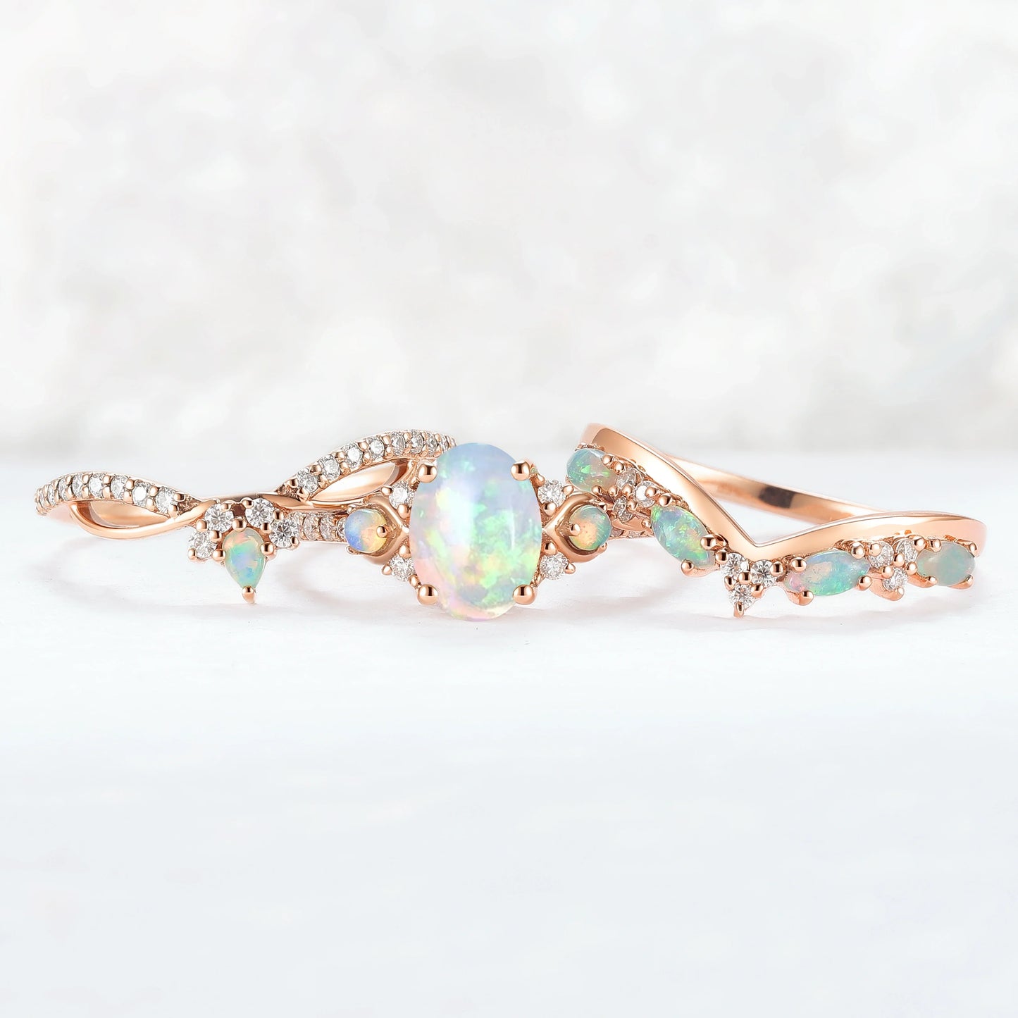 Unique Oval Cut Natural Opal Vine Gemstone Ring Set 3pcs