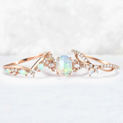 Nature Oval Shaped Natural Opal Vine Gemstone Ring Set 3pcs