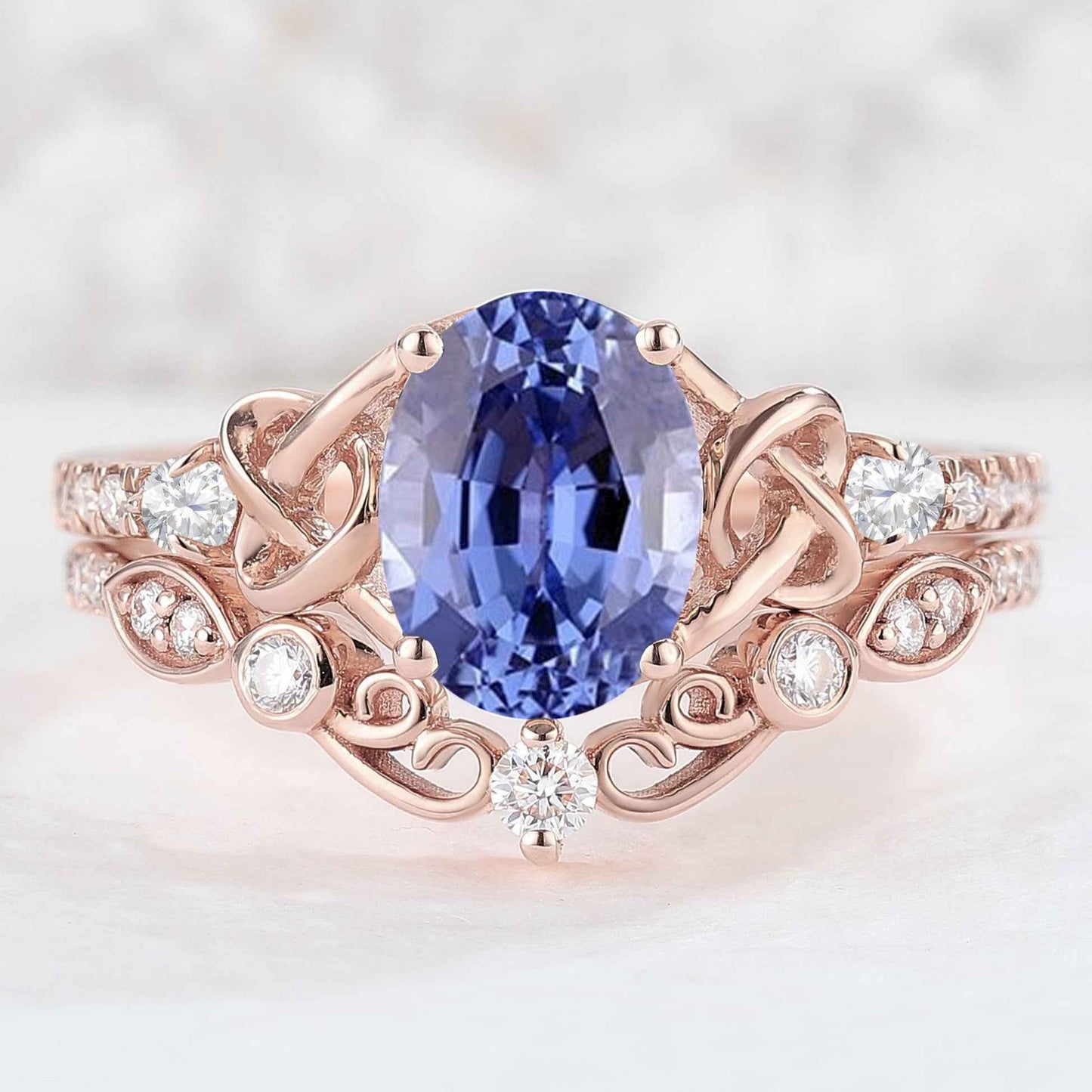 Nature Oval Shaped Cornflower Sapphire Vine Gemstone Ring Set 2pcs