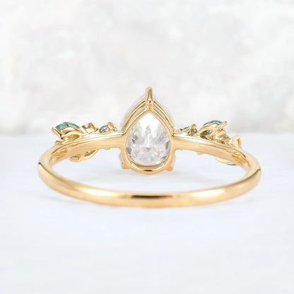 Nature Pear Cut Moissanite Leaf Gemstone Ring
