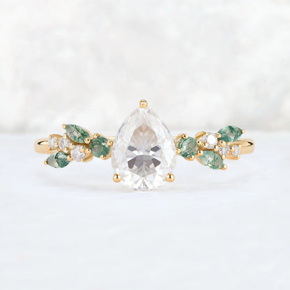 Nature Pear Cut Moissanite Leaf Gemstone Ring