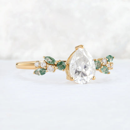 Nature Pear Cut Moissanite Leaf Gemstone Ring