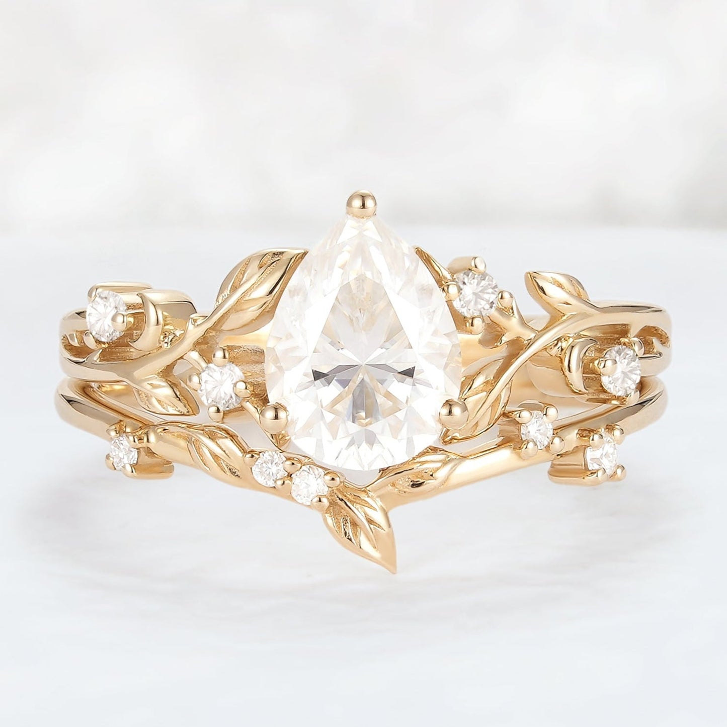 Nature Pear Cut Moissanite Leafy Gemstone Ring Set 2pcs