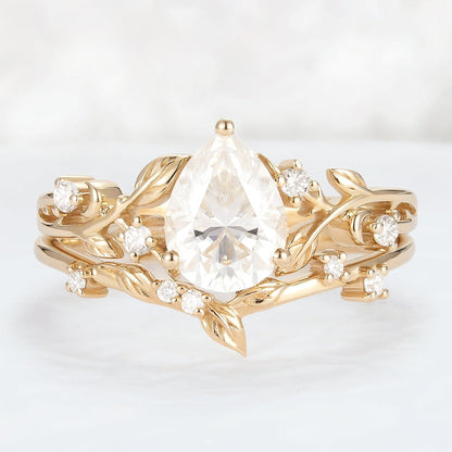 Nature Pear Cut Moissanite Leafy Gemstone Ring Set 2pcs