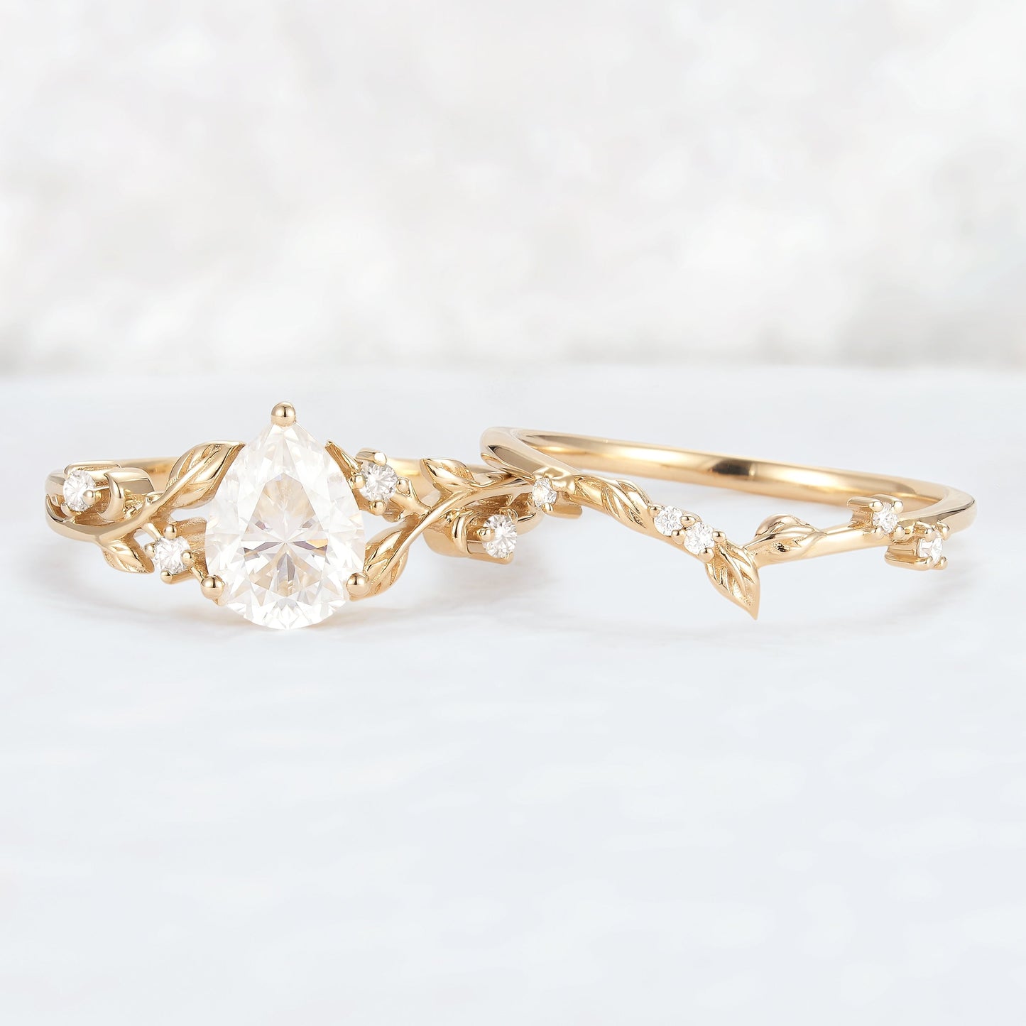 Nature Pear Cut Moissanite Leafy Gemstone Ring Set 2pcs