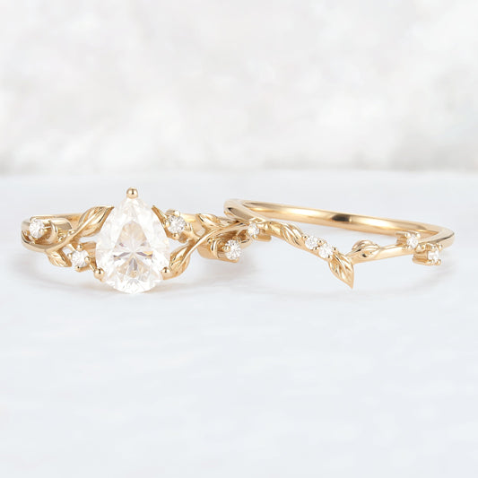 Nature Pear Cut Moissanite Leafy Gemstone Ring Set 2pcs