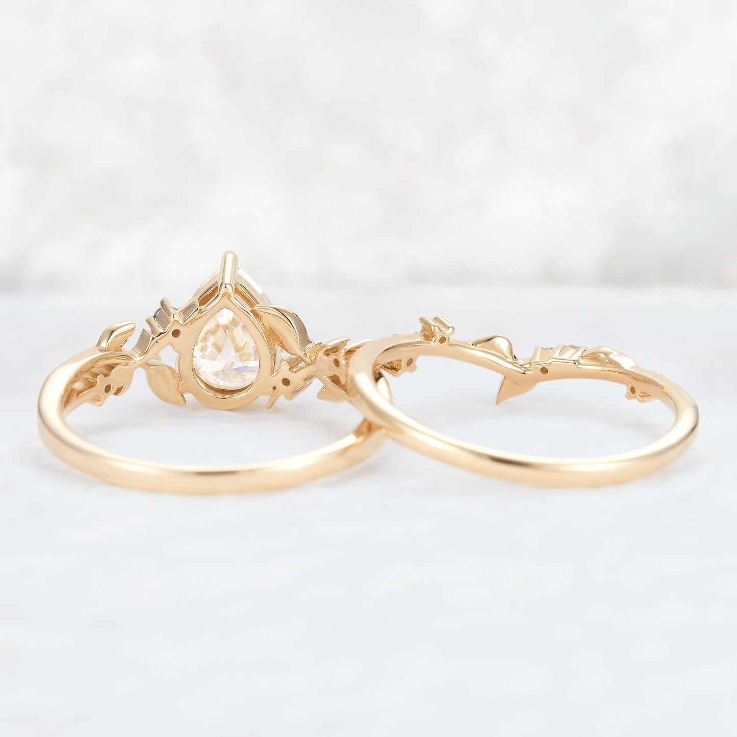 Nature Pear Cut Moissanite Leafy Gemstone Ring Set 2pcs