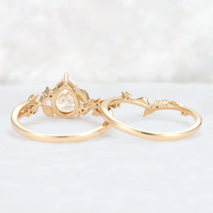 Nature Pear Cut Moissanite Leafy Gemstone Ring Set 2pcs