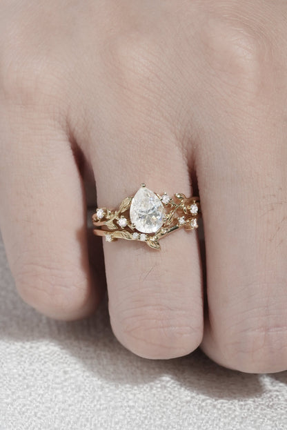 Nature Pear Cut Moissanite Leafy Gemstone Ring Set 2pcs