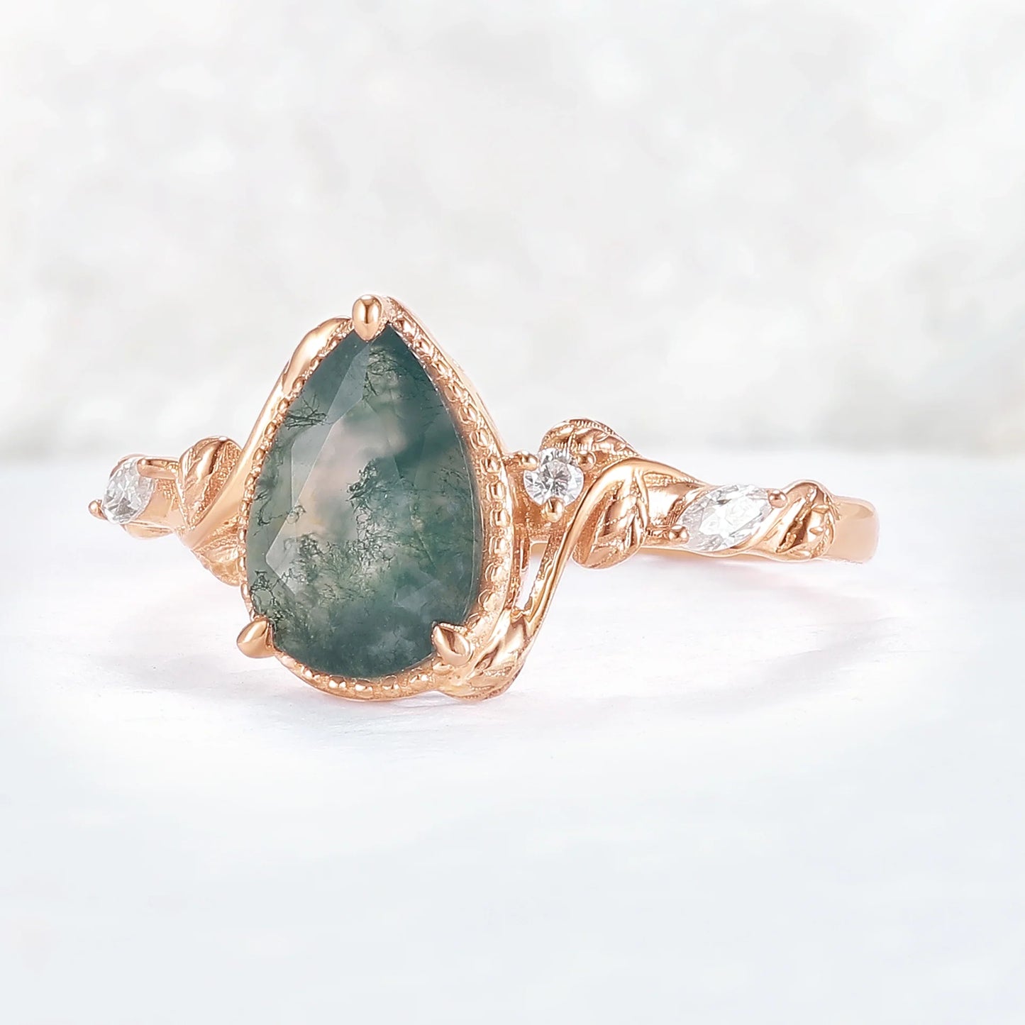 Nature Pear Cut Moss Agate Leaf Twisted Gemstone Ring
