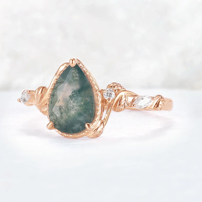 Nature Pear Cut Moss Agate Leaf Twisted Gemstone Ring