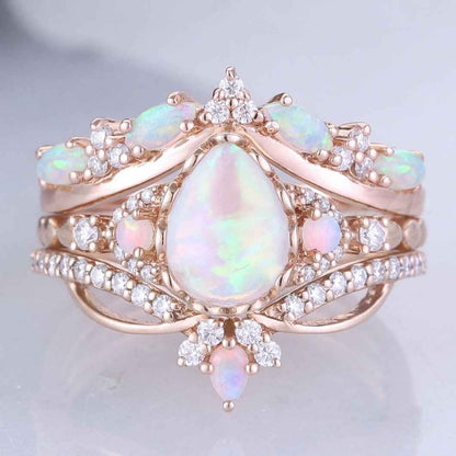 Nature Pear Cut Opal Vine Handmade Gemstone Ring Set 3pcs