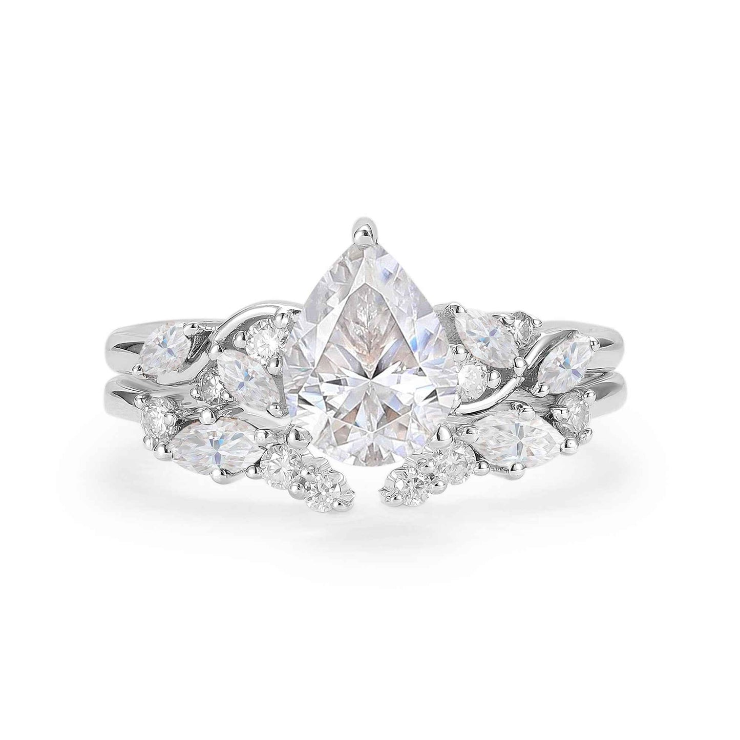 Nature Pear Shaped Moissanite Vine Gemstone Ring Set 2pcs