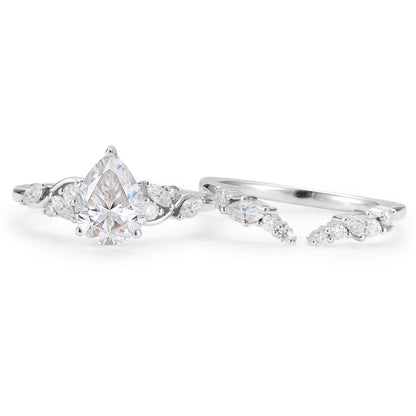 Nature Pear Shaped Moissanite Vine Gemstone Ring Set 2pcs