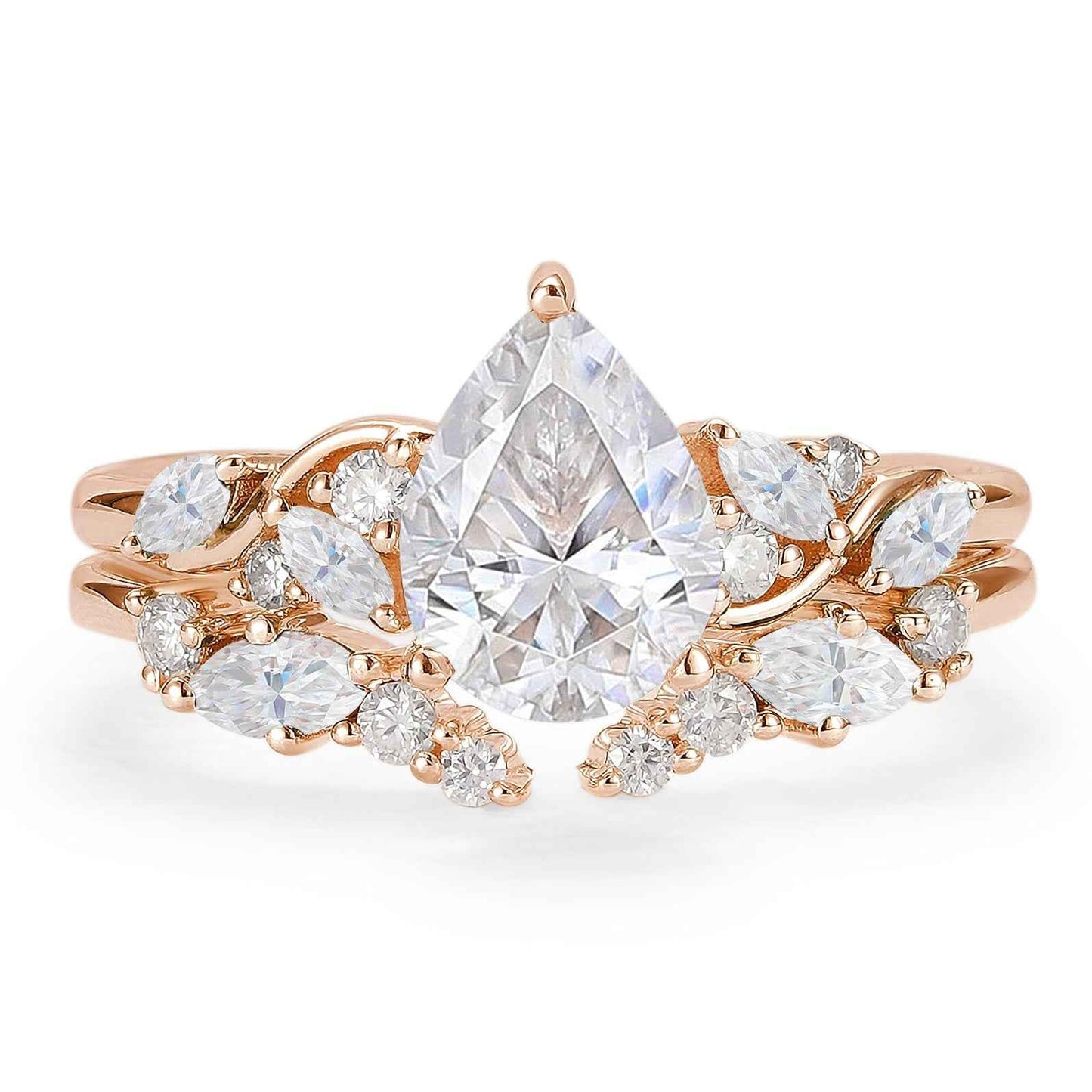 Nature Pear Shaped Moissanite Vine Gemstone Ring Set 2pcs