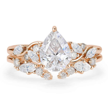 Nature Pear Shaped Moissanite Vine Gemstone Ring Set 2pcs
