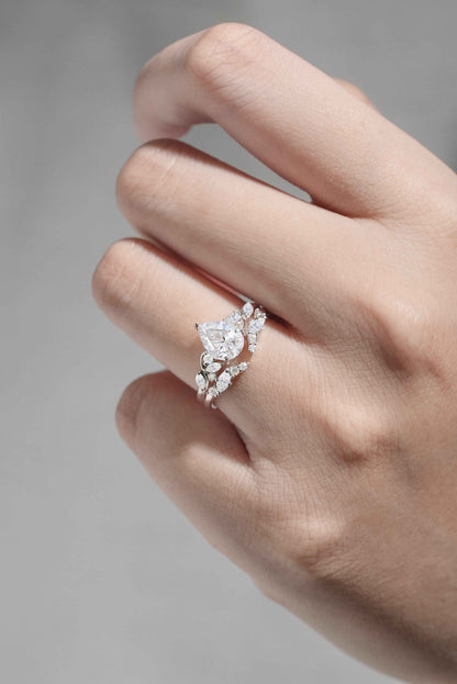 Nature Pear Cut Moissanite Vine Gemstone Ring Set 2pcs