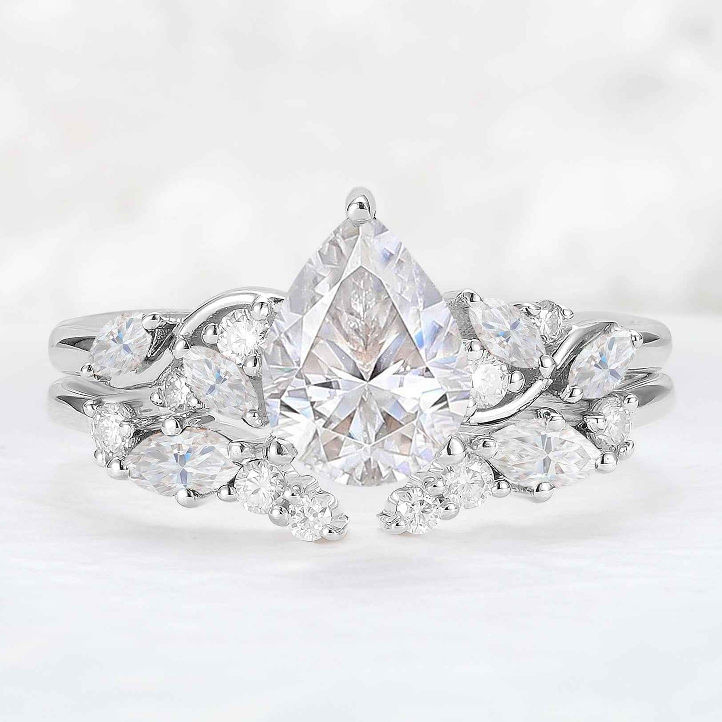 Nature Pear Cut Moissanite Vine Gemstone Ring Set 2pcs