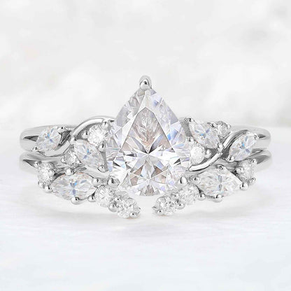 Nature Pear Shaped Moissanite Vine Gemstone Ring Set 2pcs