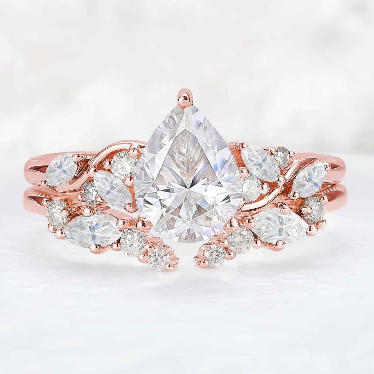 Nature Pear Cut Moissanite Vine Gemstone Ring Set 2pcs