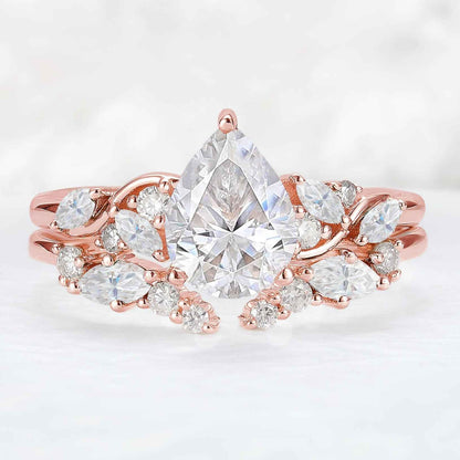 Nature Pear Shaped Moissanite Vine Gemstone Ring Set 2pcs