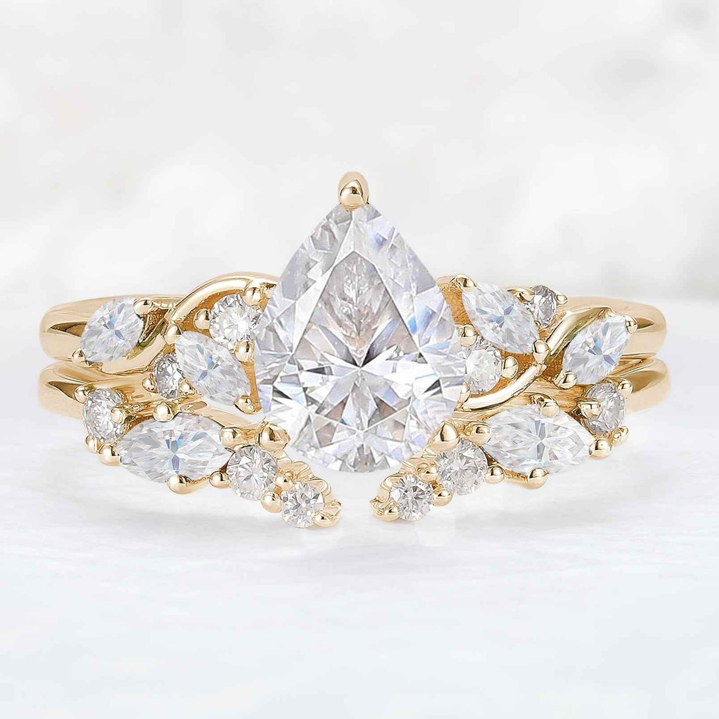 Nature Pear Cut Moissanite Vine Gemstone Ring Set 2pcs