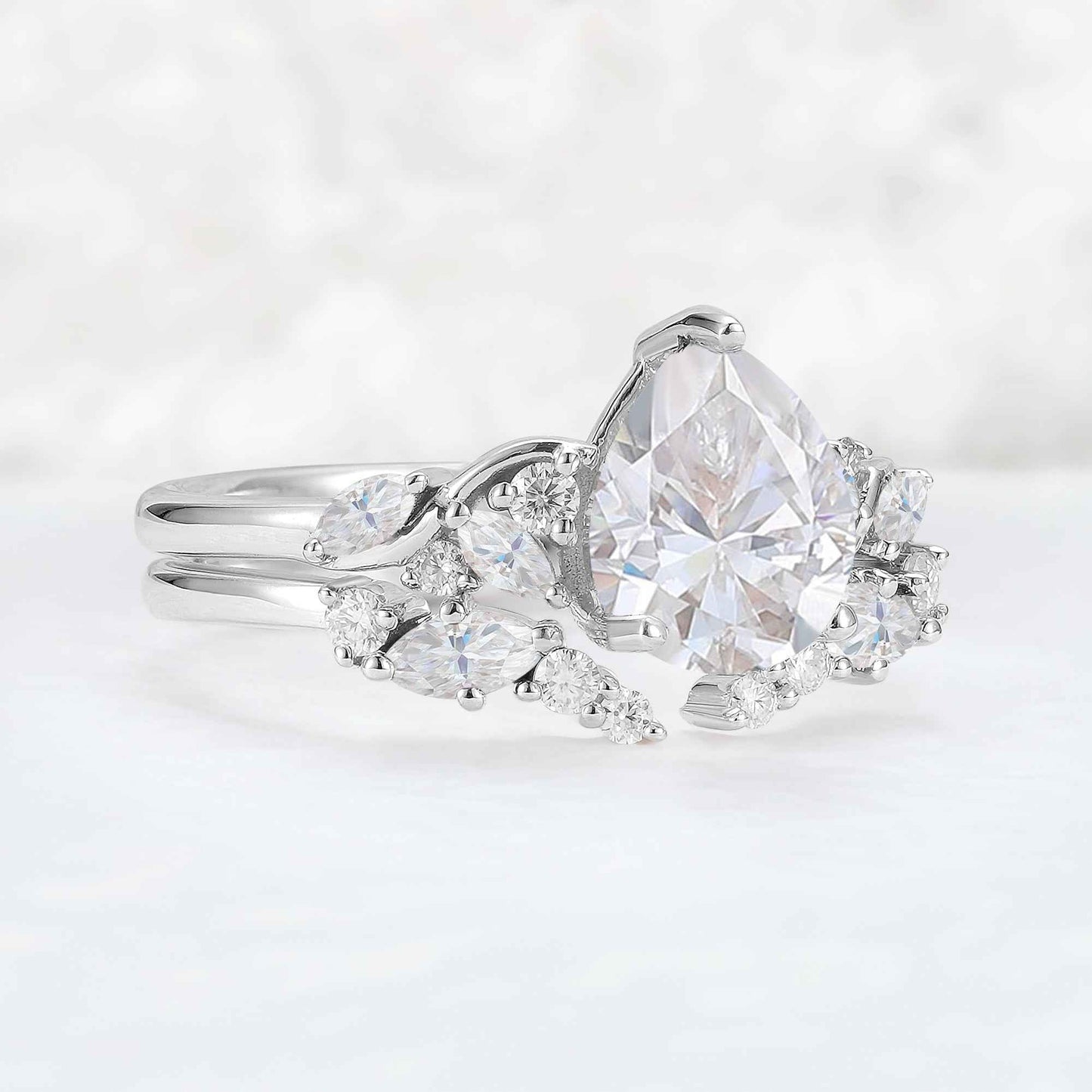 Nature Pear Cut Moissanite Vine Gemstone Ring Set 2pcs