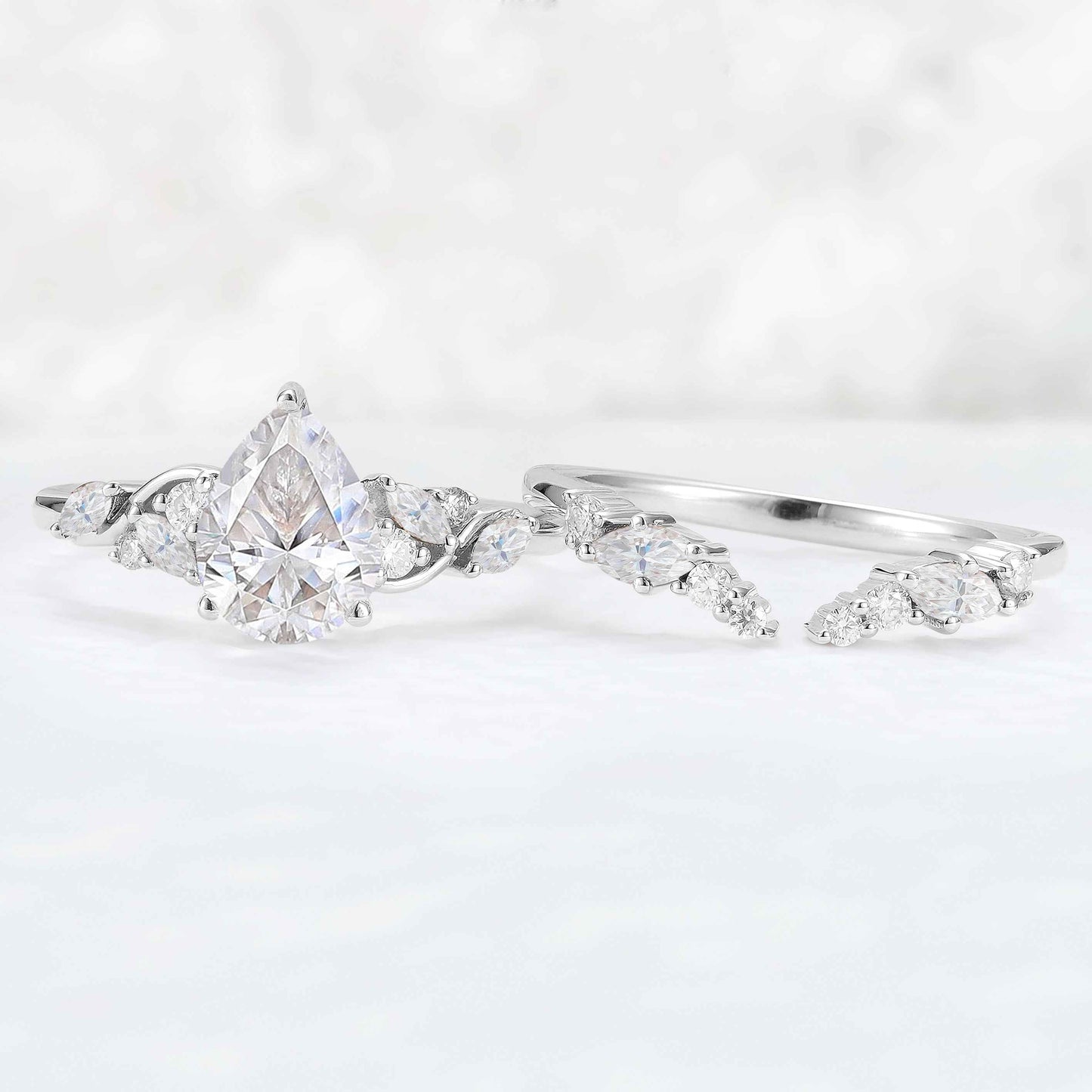 Nature Pear Cut Moissanite Vine Gemstone Ring Set 2pcs