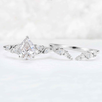 Nature Pear Cut Moissanite Vine Gemstone Ring Set 2pcs