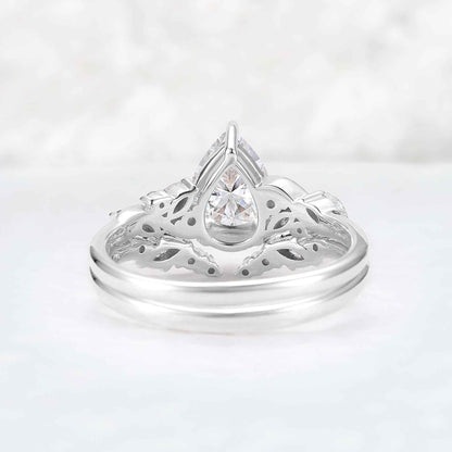 Nature Pear Cut Moissanite Vine Gemstone Ring Set 2pcs