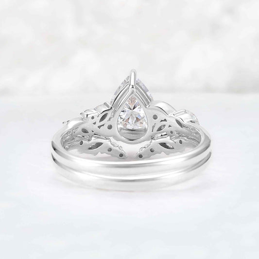 Nature Pear Shaped Moissanite Vine Gemstone Ring Set 2pcs