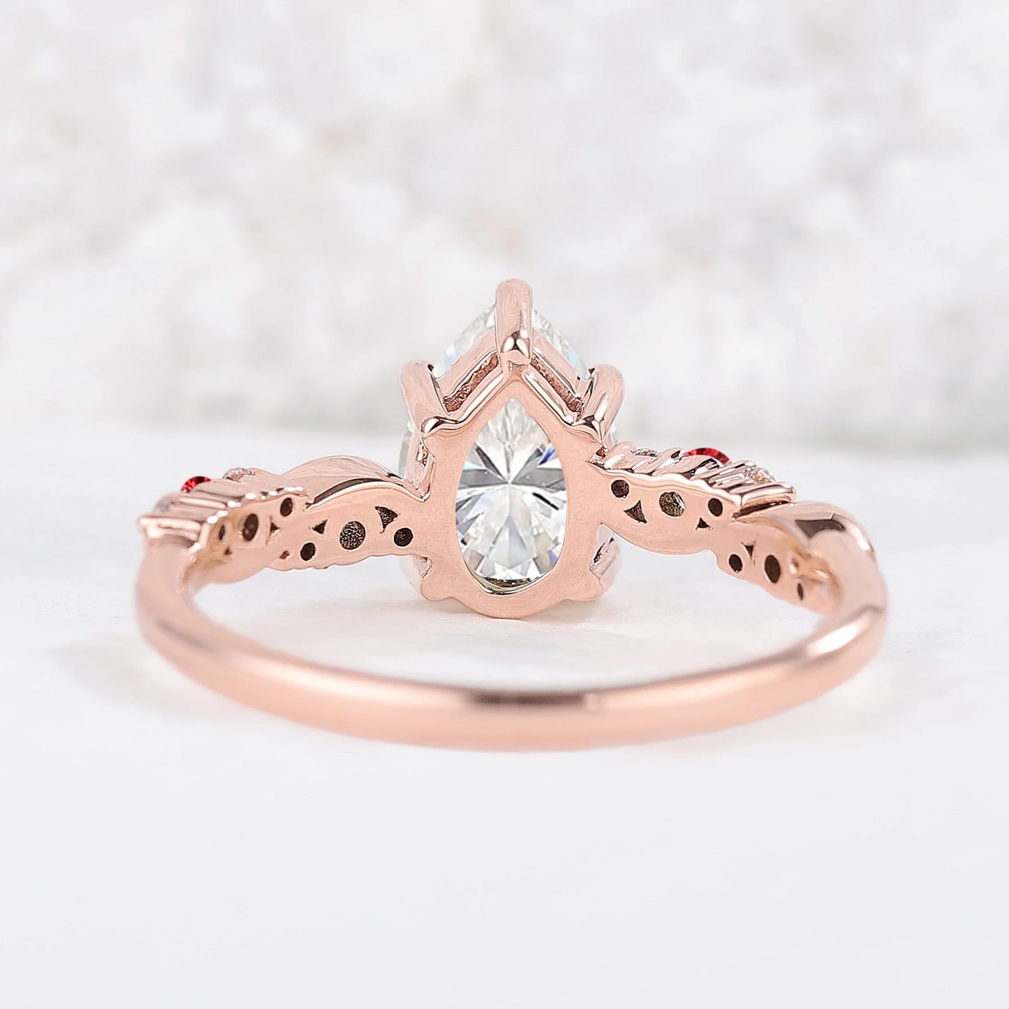 Nature Pear Shaped Moissanite and Ruby Vine Gemstone Ring