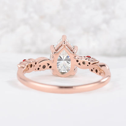 Nature Pear Shaped Moissanite and Ruby Vine Gemstone Ring