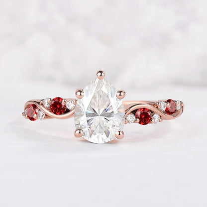 Nature Pear Shaped Moissanite and Ruby Vine Gemstone Ring