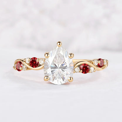Nature Pear Shaped Moissanite and Ruby Vine Gemstone Ring