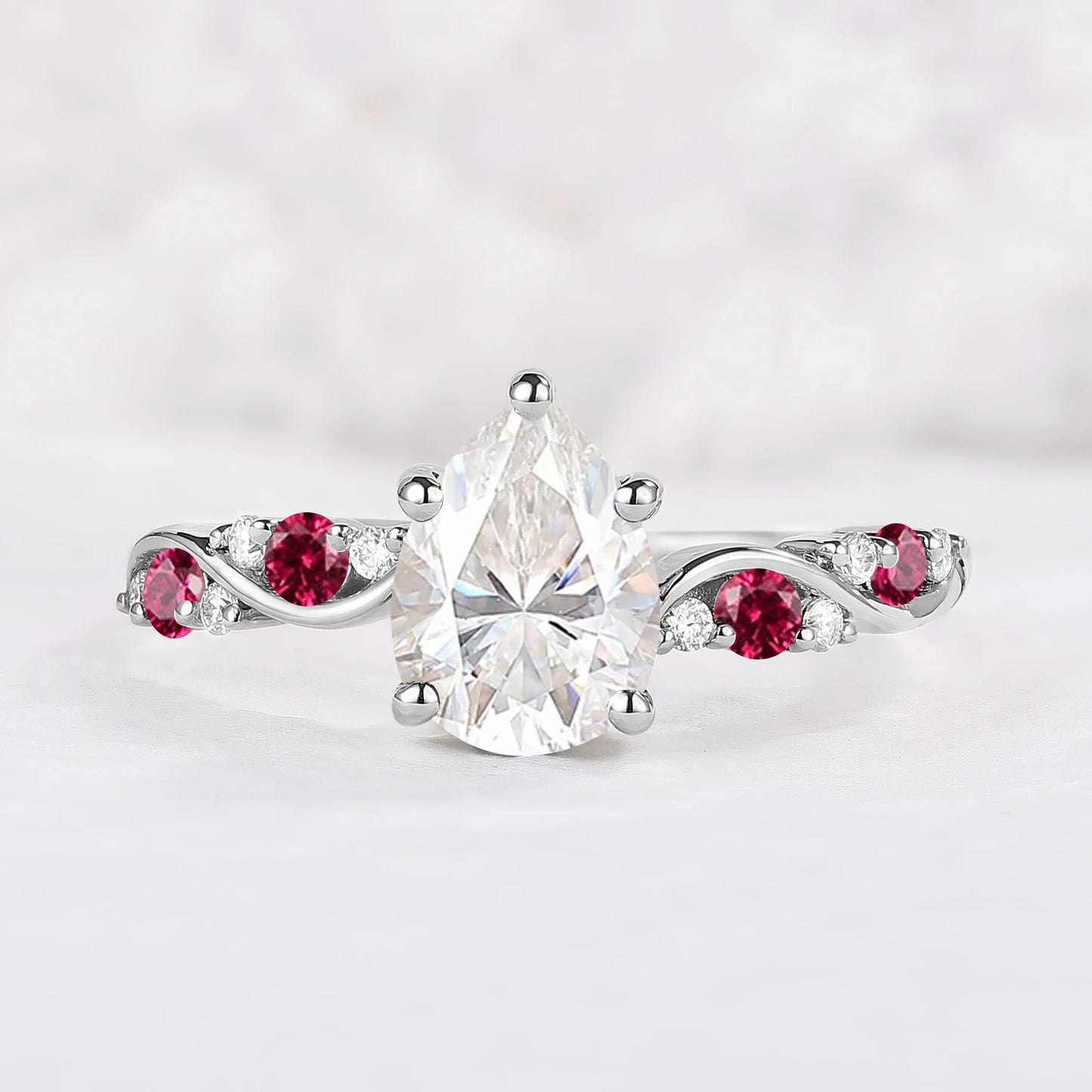 Nature Pear Shaped Moissanite and Ruby Vine Gemstone Ring