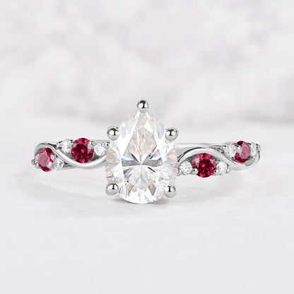 Nature Pear Shaped Moissanite and Ruby Vine Gemstone Ring