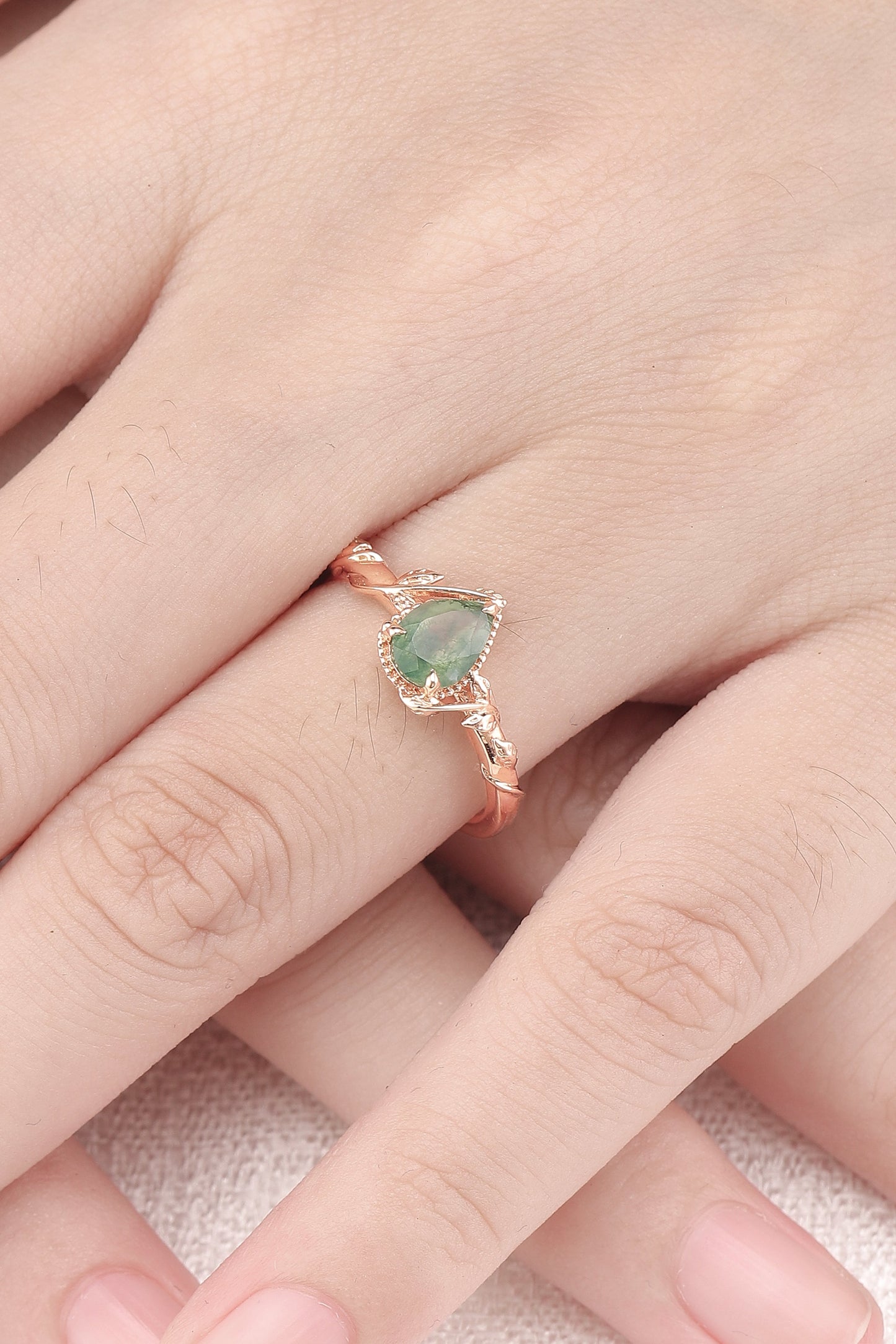 Nature Pear Shaped Moss Agate Leafy Gemstone Ring