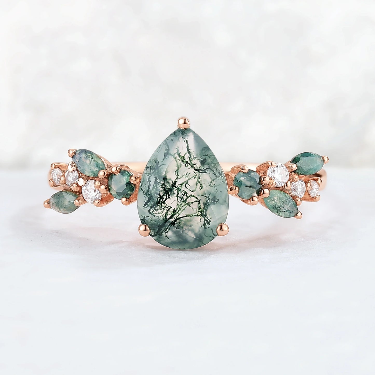 Nature Pear Shaped Moss Agate Leaf Gemstone Ring