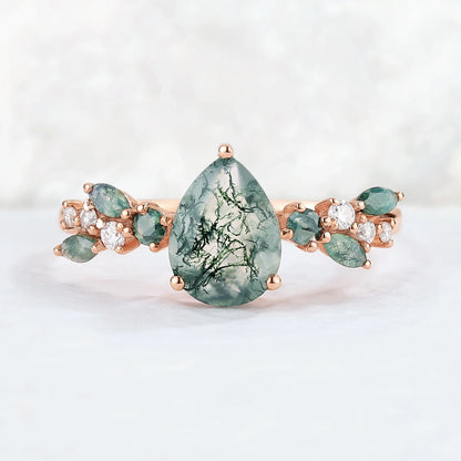 Nature Pear Shaped Moss Agate Leaf Gemstone Ring