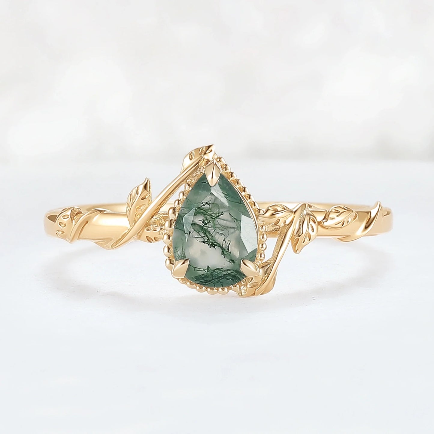 Nature Pear Shaped Moss Agate Leafy Gemstone Ring