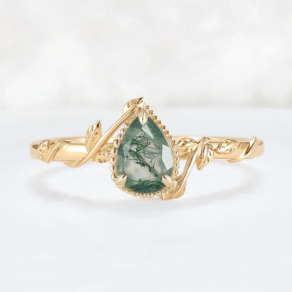 Nature Pear Shaped Moss Agate Leafy Gemstone Ring