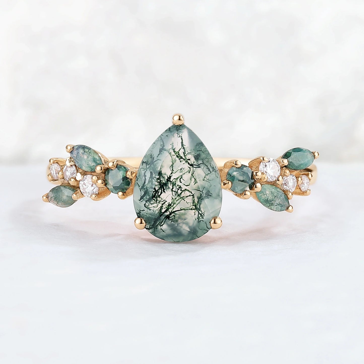 Nature Pear Shaped Moss Agate Leaf Gemstone Ring