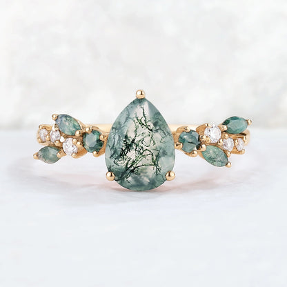 Nature Pear Shaped Moss Agate Leaf Gemstone Ring
