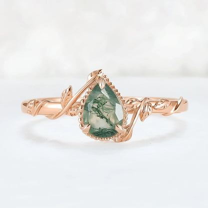 Nature Pear Shaped Moss Agate Leafy Gemstone Ring