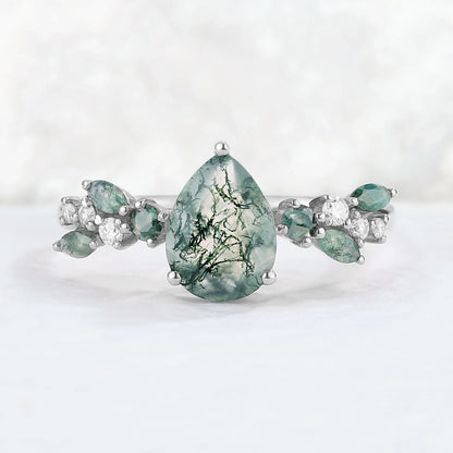 Nature Pear Shaped Moss Agate Leaf Gemstone Ring