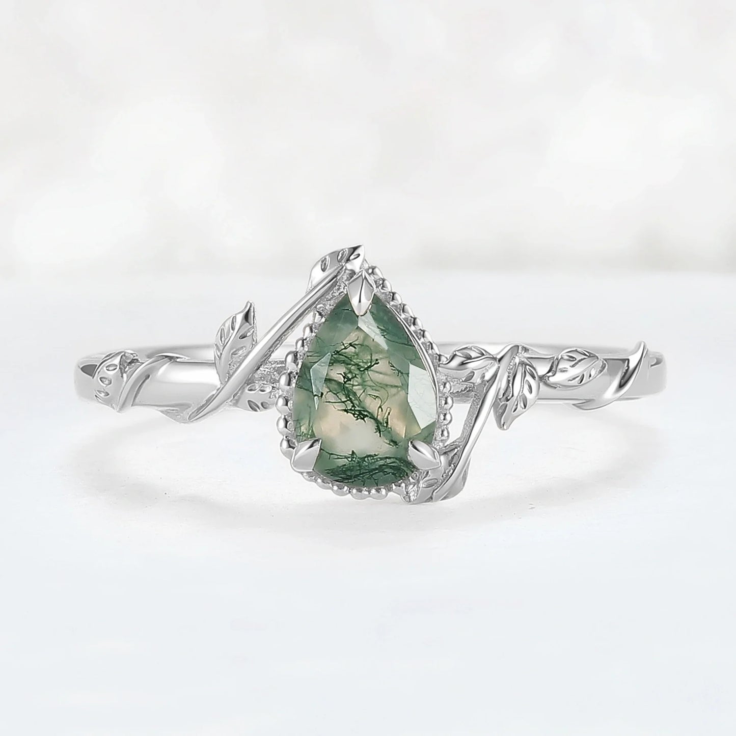 Nature Pear Shaped Moss Agate Leafy Gemstone Ring
