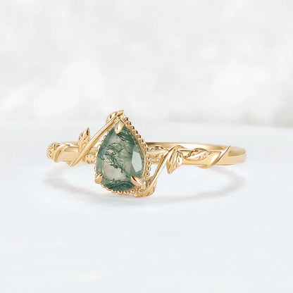 Nature Pear Shaped Moss Agate Leafy Gemstone Ring